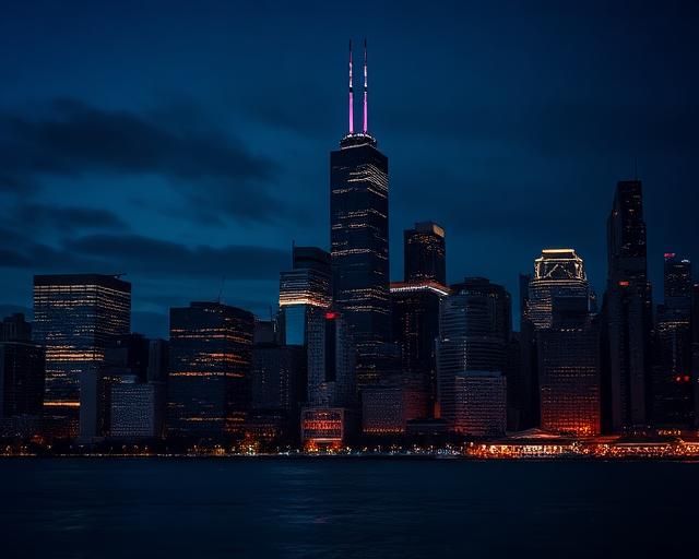 Chicago skyline and riverfront buildings.