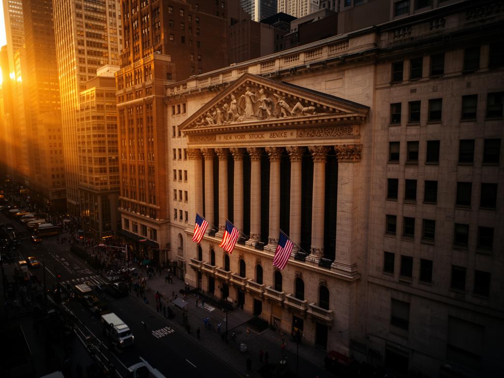The New York Stock Exchange building at sunset from above Wall Street.