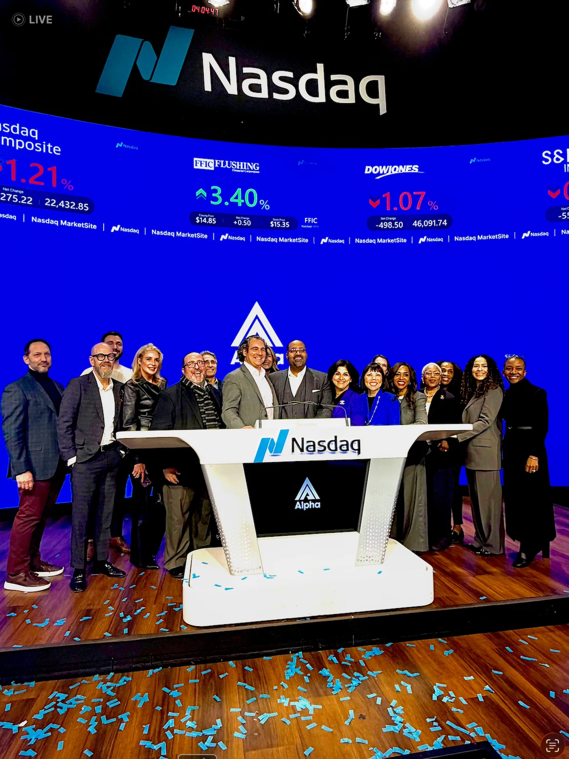 Alpha leaders gathered around the Nasdaq podium at Nasdaq MarketSite