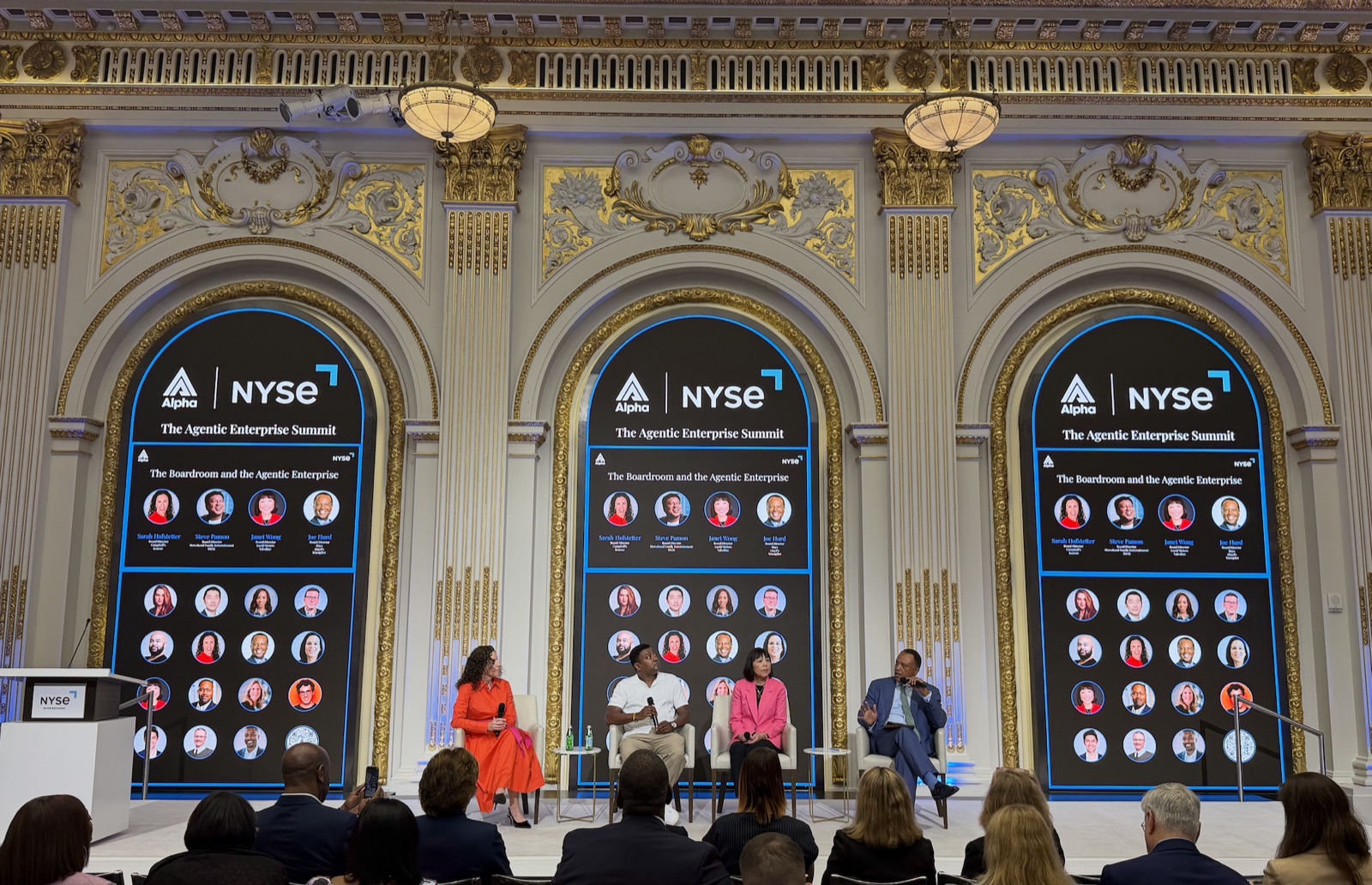 A wide view of the Boardroom and the Agentic Enterprise panel at the New York Stock Exchange.