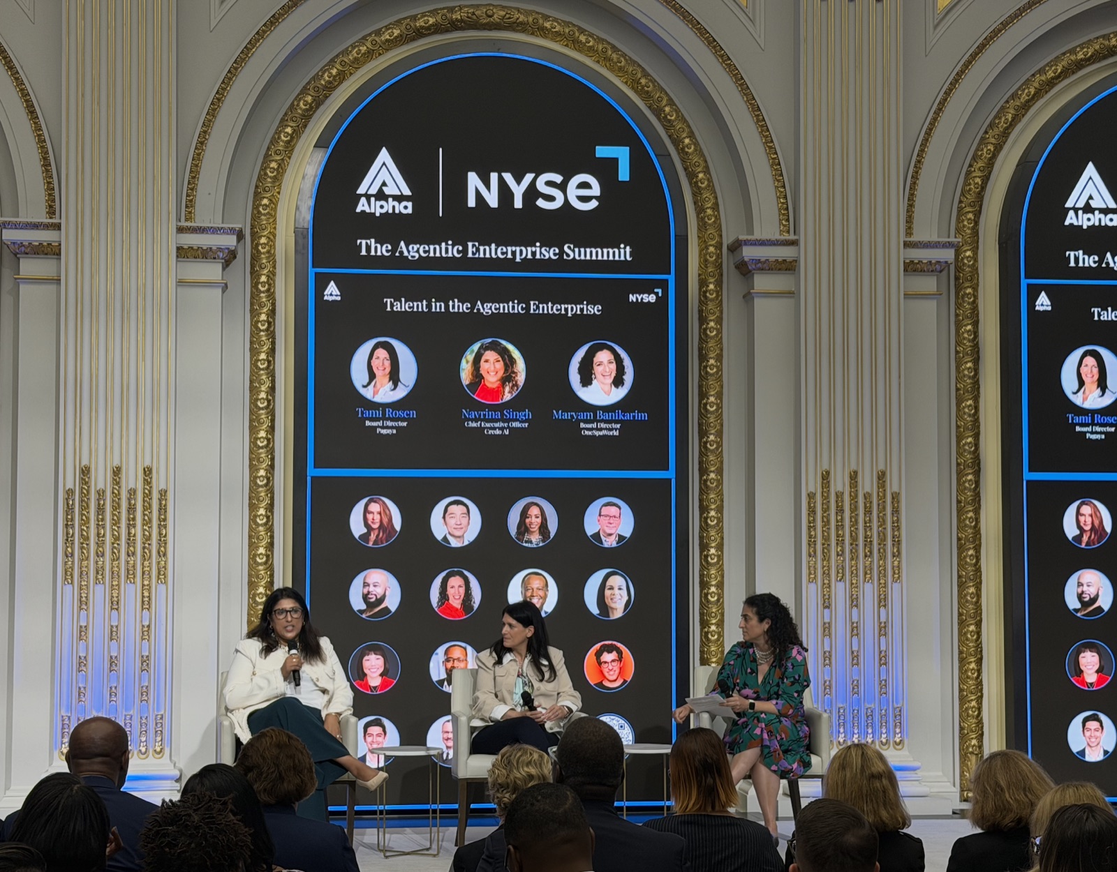 Panelists seated beneath a Talent in the Agentic Enterprise screen at the New York Stock Exchange.